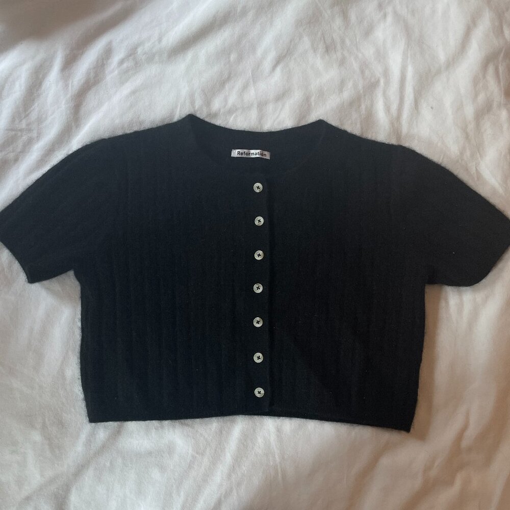 Reformation Black Button Down Cashmere Crop Top Sweater